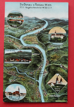 AK Die Donau von Passau bis Wien / 1915-1930 / Vogelschau / Künstler Karte Eugen Felle / Pöchlarn / Maria Taferl / Marbach / Persenbeug / Ybbs / Brunn / Niederösterreich